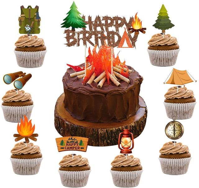 メモ-キャンプをテーマにした誕生日ケーキトッパー、カップ