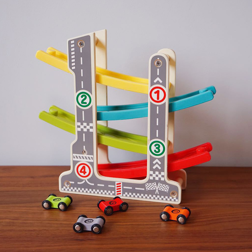 Wooden Slider Click Clack 4 Layer Race Track Playset with 4 Race Cars, Kids Toddlers Preschool Educational Toy