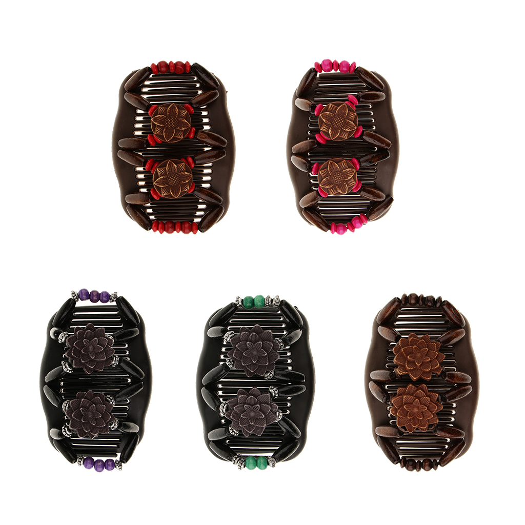 Magic Wood Beaded Double Hair Comb Clip Floral Design Stretchy Women Ladies Hair Stying Accessory