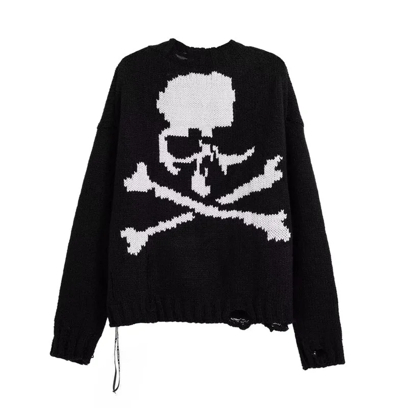 Women Halloween Ripped Sweater Skull Print Knitted O-Neck Long Sleeve Round Neck Knitwear Casual Oversized Sweater vintage sweaters