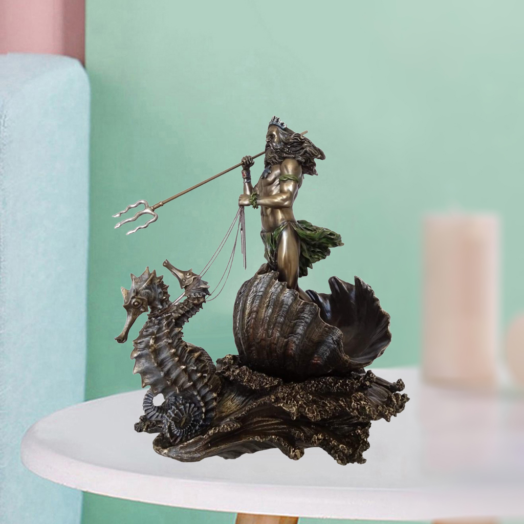 Poseidon Greek God of the Sea Statue Resin Art Peiece Neptune on Seahorse Figurine Wine Cabinet Shelt Bookcase Orament