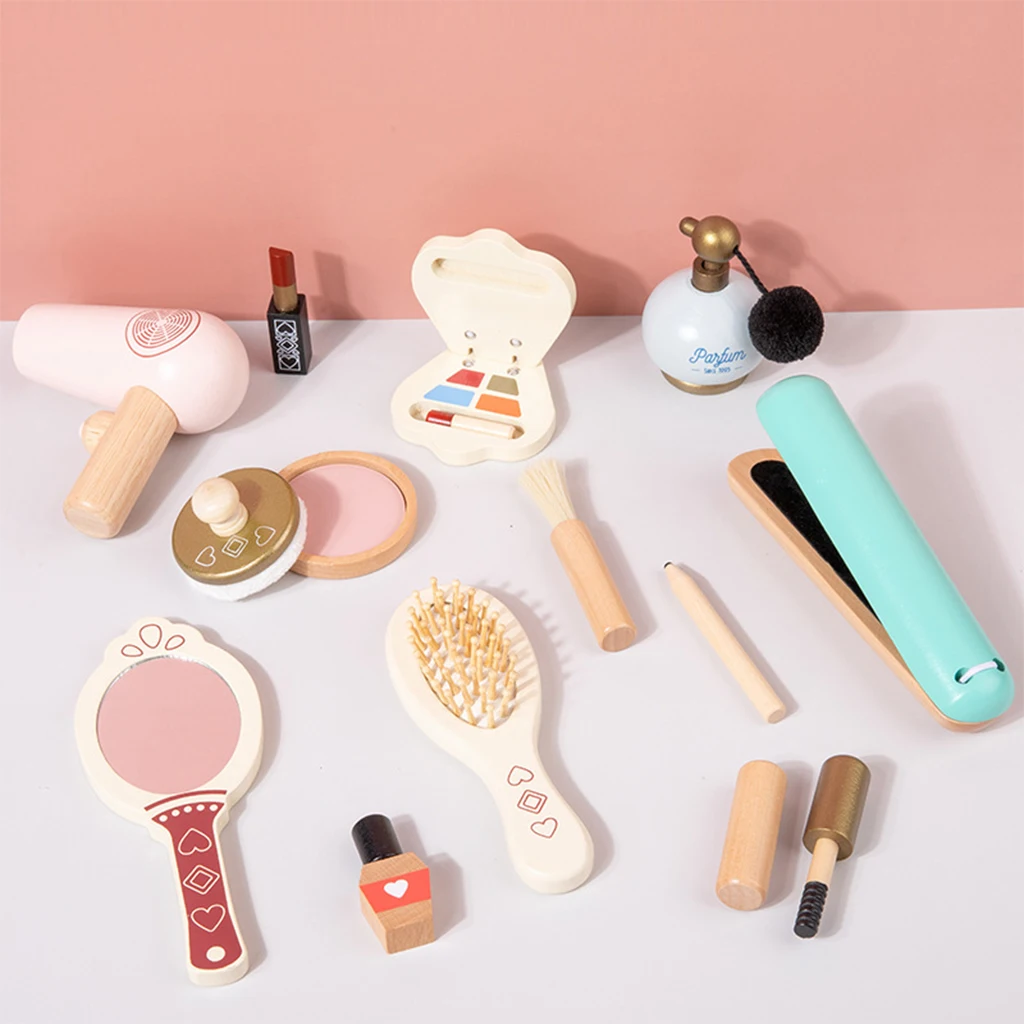 13x Salon Makeup Kit for Girl Toddler Funny Simulation Pretend Nail Polish Brush Lipstick Wood Cosmetic Accessories Set Toys
