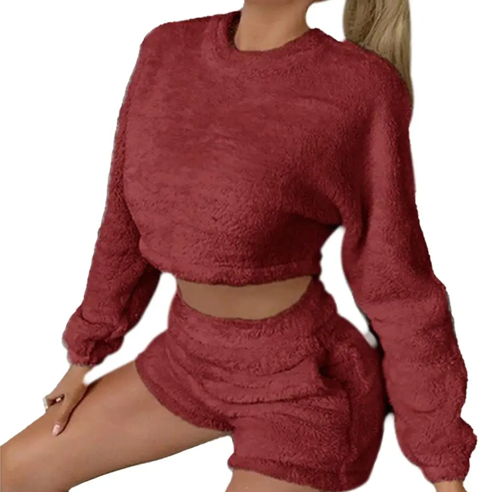 Short Sets Women Casual Fashion Leisure elegance Solid Color Plush O-neck Long Sleeve Sweater Shorts Suit Women's Clothing 2021 red lingerie set