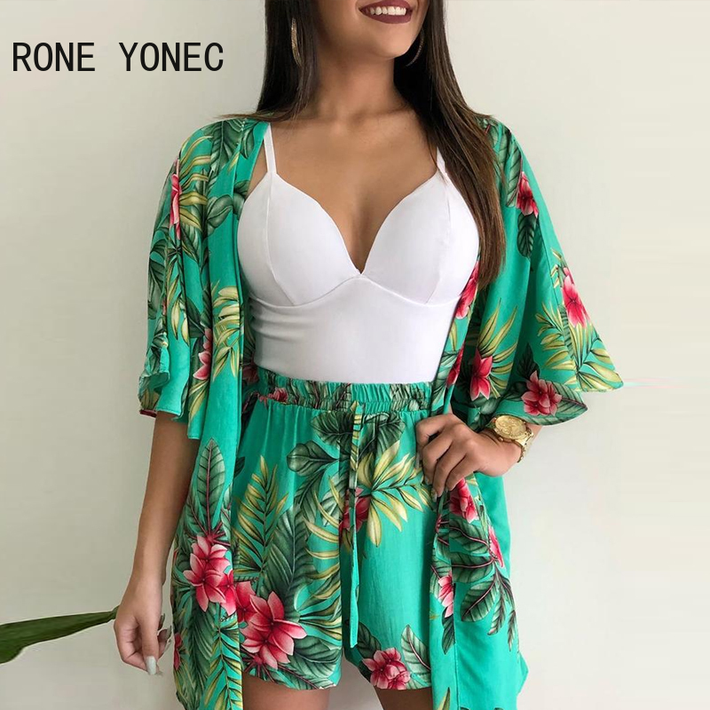 Conjunto feminino manga curta estampa tropical