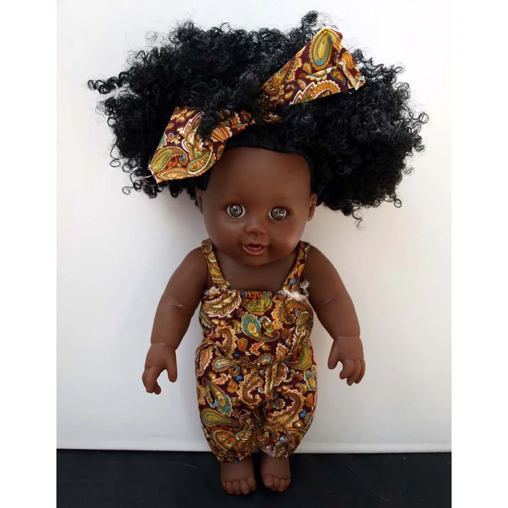 Realistic Vinyl Baby Girl Doll - Reborn 12inch African American Doll - Black Curly Hair Kids Birthday Gift Festival Present
