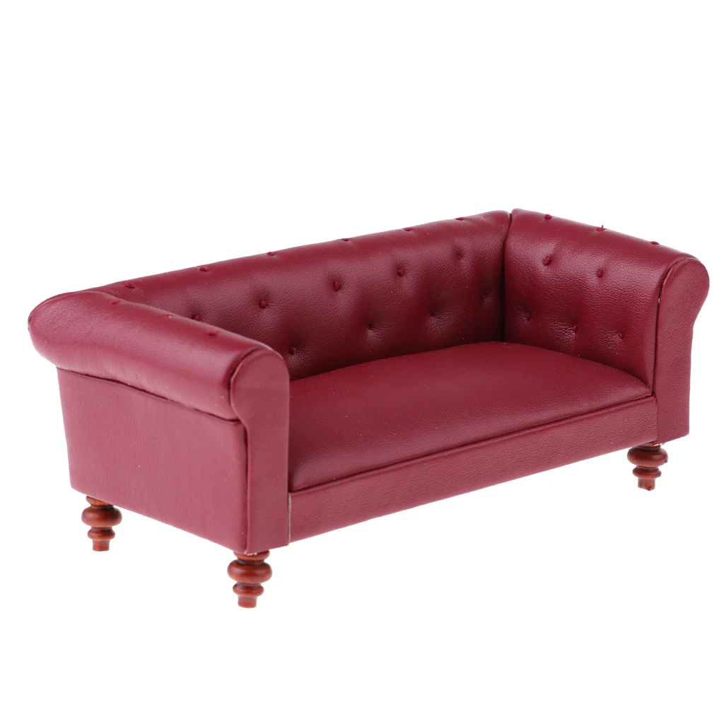 European Style 12th Leather Long Sofa Couch Dollhouse Living Room Furniture Home Model Display Ornaments Red