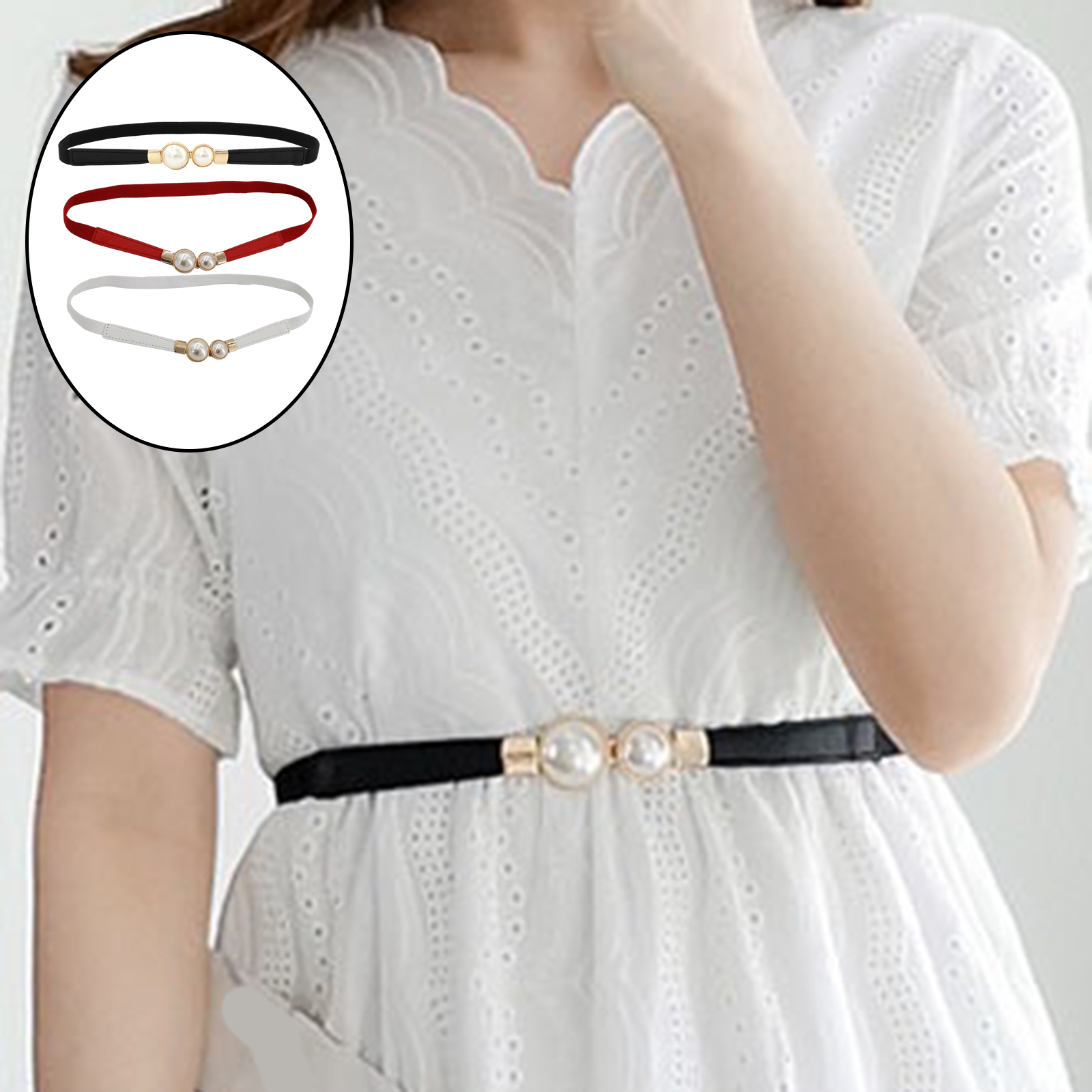 Women Double Pearl Belt PU Leather Dress Skirt Waist Elastic Thin Belts Ladies Waistband
