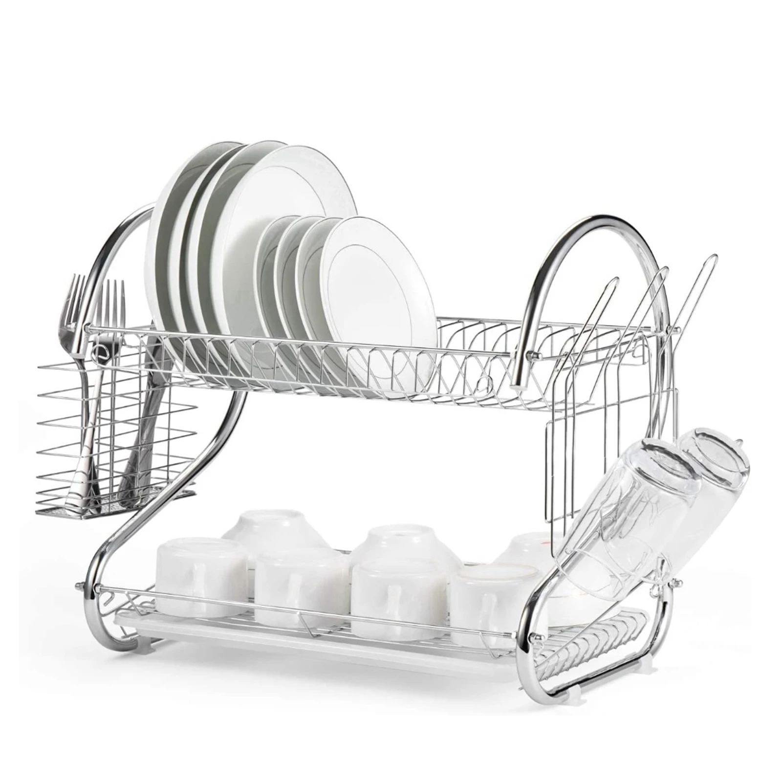 Dish Drying Rack, 2 Tier Dish Rack with Utensil Holder, Cup Holder and Dish Drainer for Kitchen Counter Top Dish Dryer Silver
