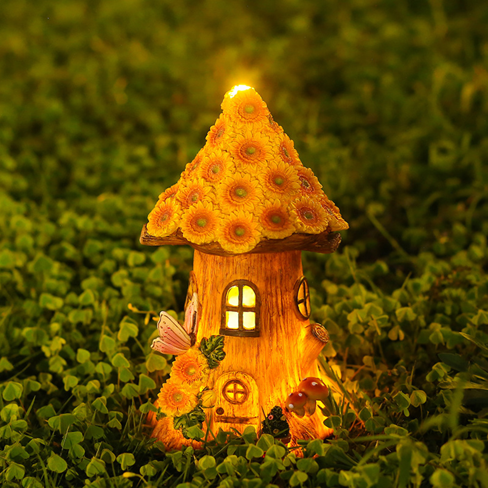 Waterproof Solar Powered Garden Statue Light Adorable Flower Cabin Figurines Lawn Ornament