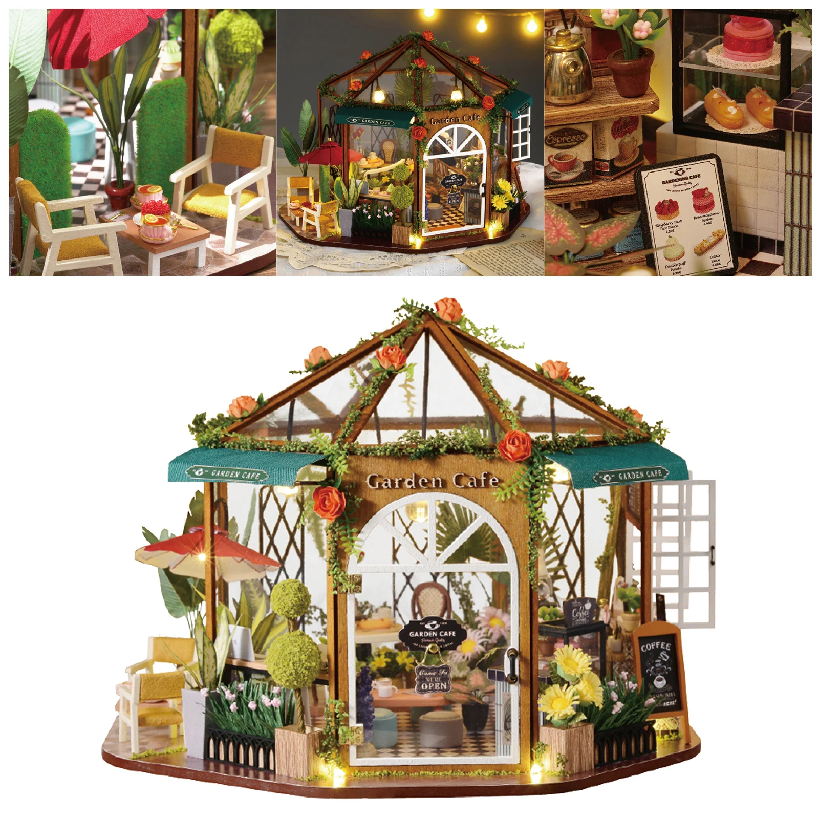 1/24 DIY Miniature Doll House Wooden Coffee Shop with Furniture, LED Light