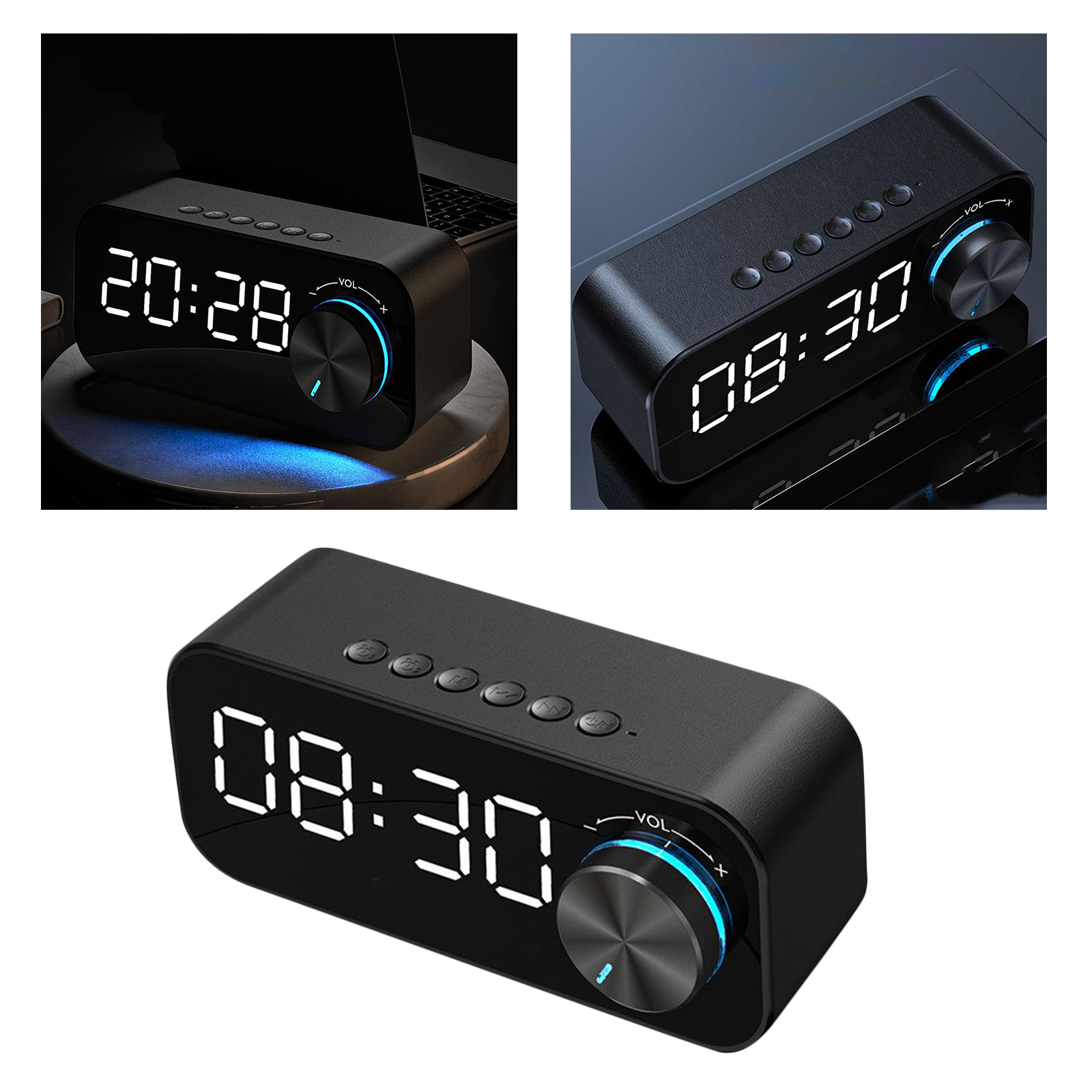 LED Dual Alarm Clock Bluetooth Stereo Speaker USB TF Card Desktop Night