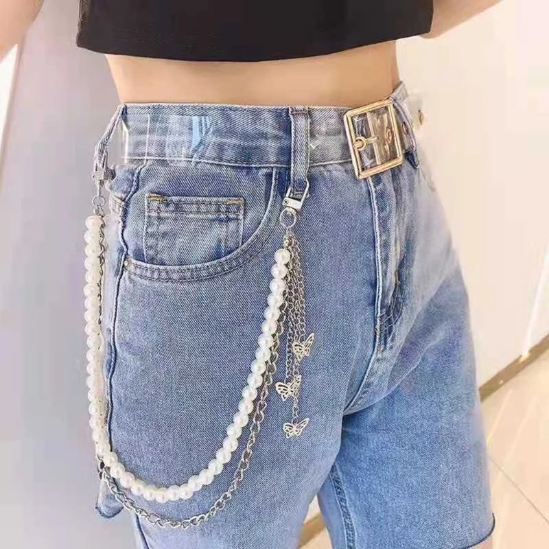 X7YA Multi-Layer Harajuku Hip Hop Pearl Butterfly Chain Belt Jeans Pants Chain for Egirl Eboy Ins Goth Aesthetic Accessories