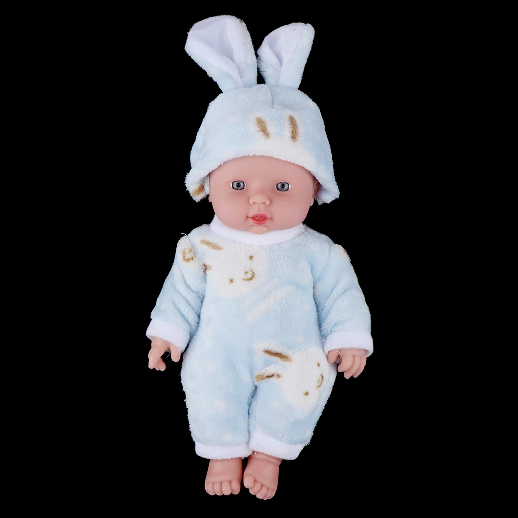 30cm Realistic Reborn Doll Baby Vinyl Newborn with Pink Rabbit Clothing Preemie Blue