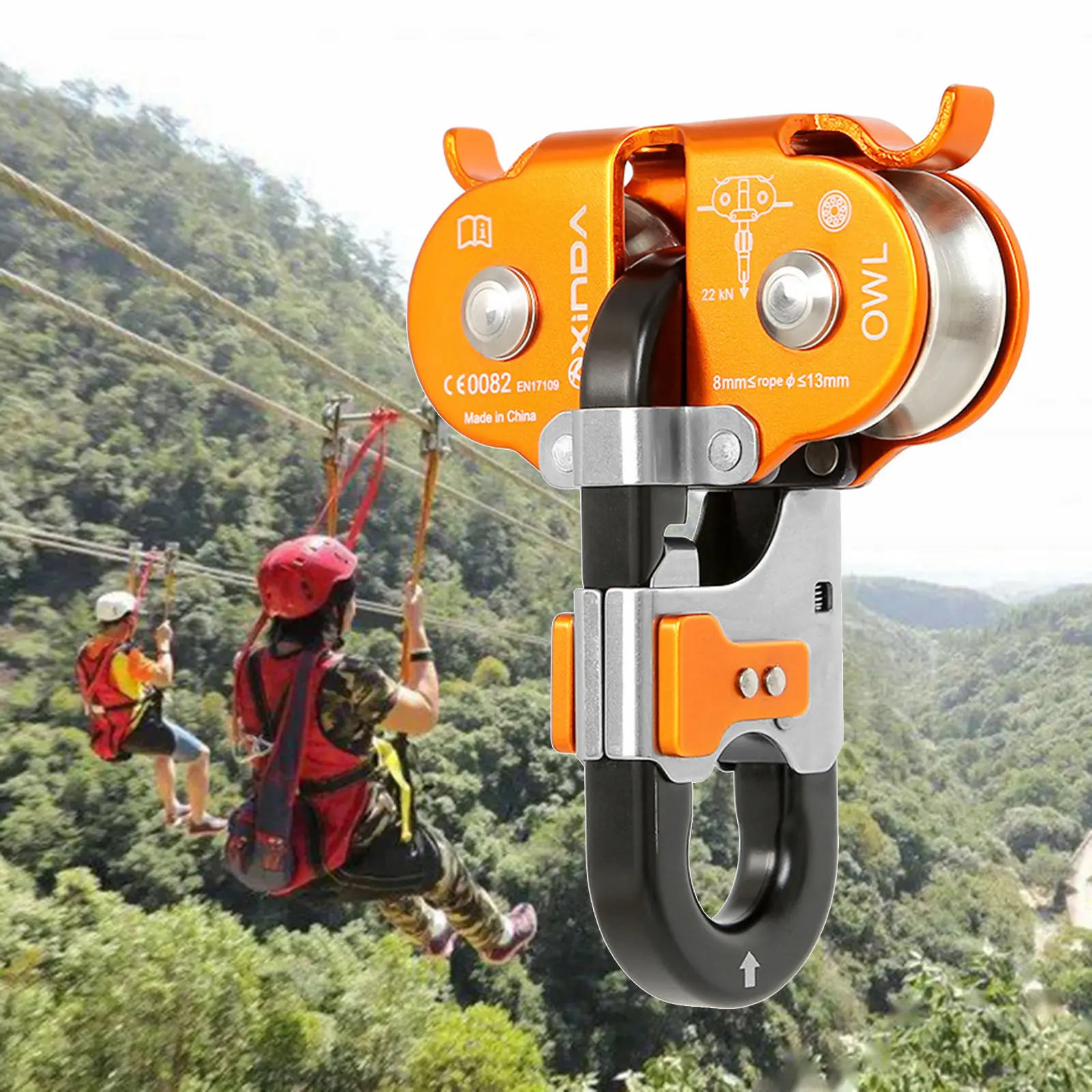 22KN/4850lbs Rock Climbing Zip Line Cable Dual Pulley for Trucking Lifting Rigging System Outdoor Trips