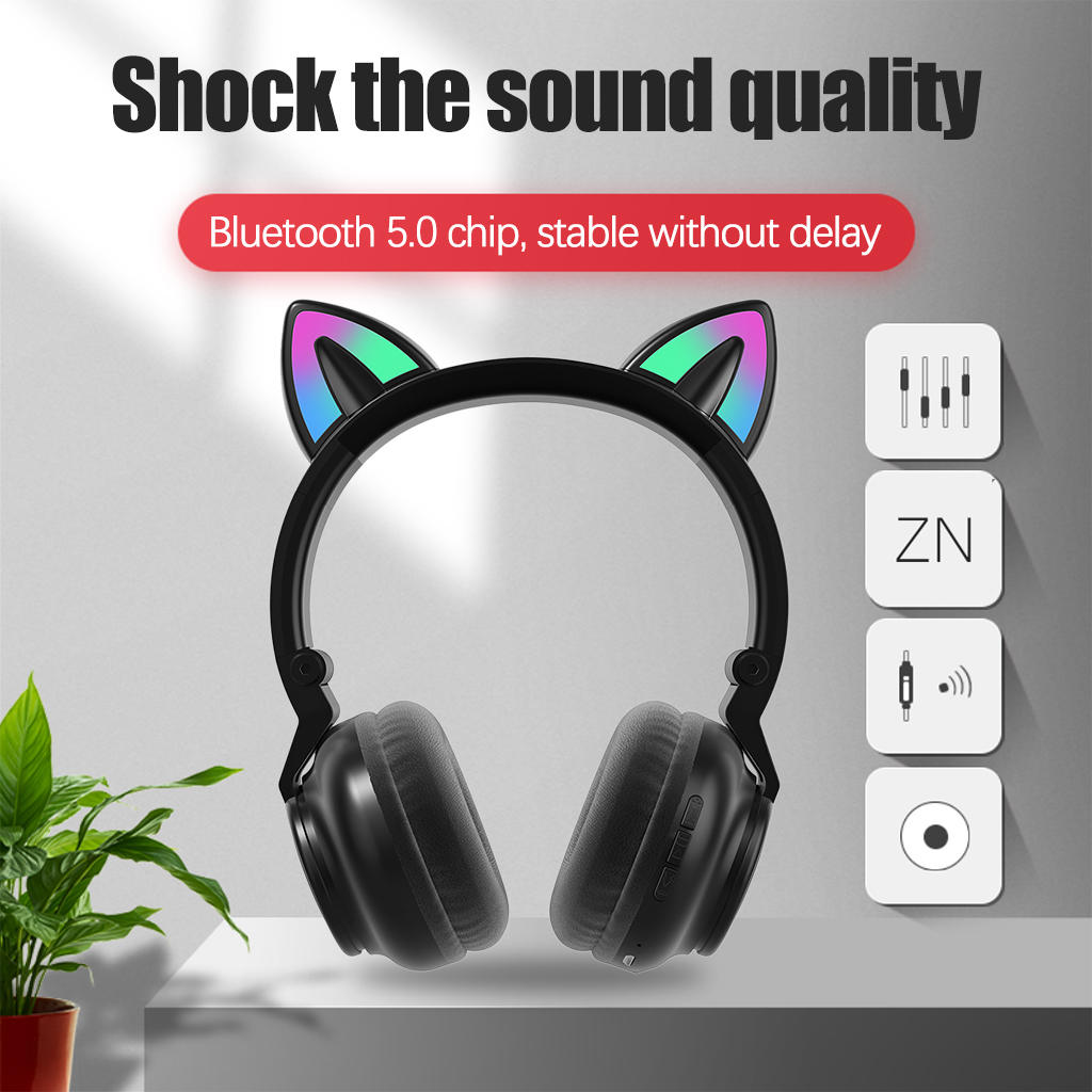 RGB Cat Ear Headphones Bluetooth Earphones LED Light Lightweight Adults Kid Girl Headset for PC Games Online Teaching