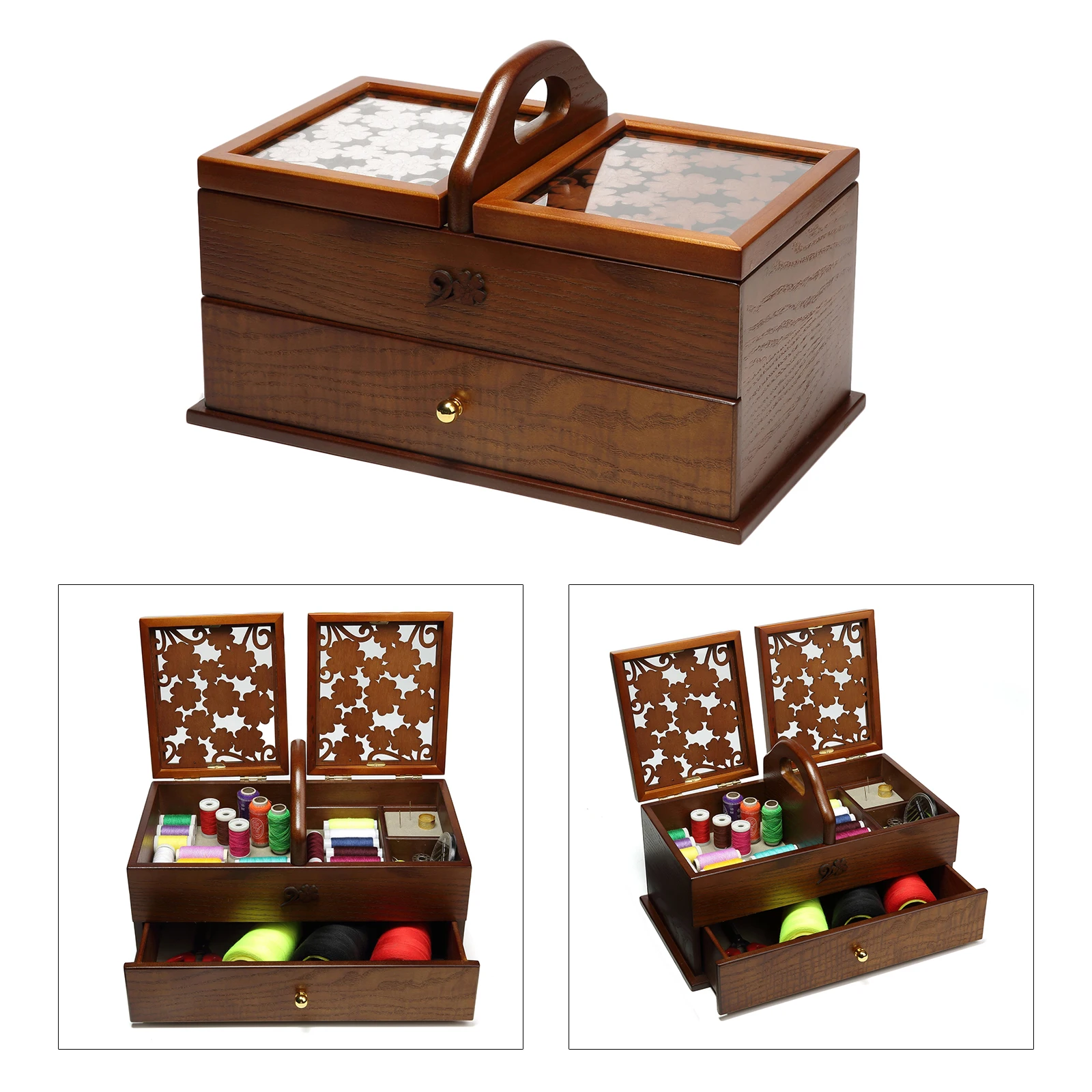 Protable Antique Sewing Kit Box Basket Wooden Hand for Home Sewing Repair Tool Kit Sew Kit Accessory Adult Beginner Supplies