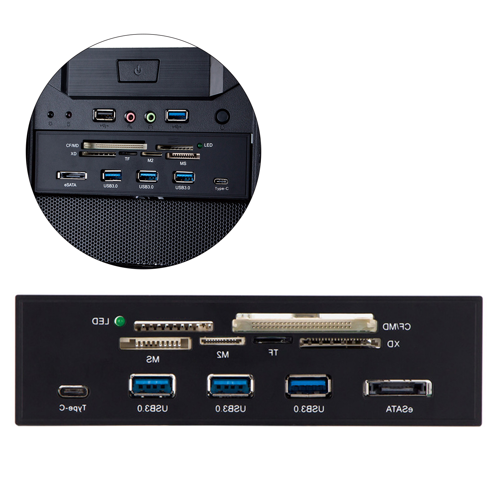 5.25 inch Internal Card Reader Dashboard PC Front Panel USB 3.0 w/ USB 3.1 Type-C Port Supports M2 SD MS XD CF Card
