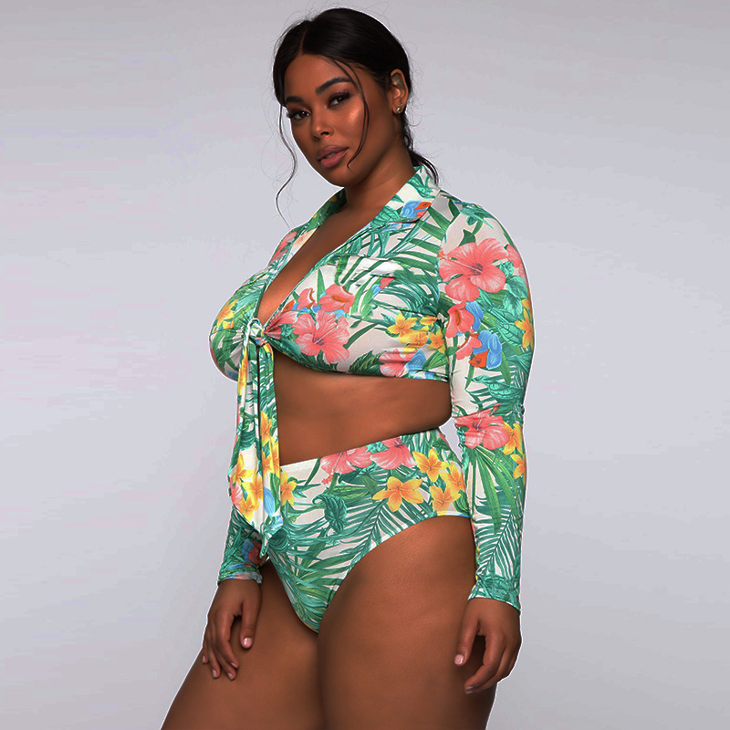 Maiô de Duas Peças de Banho Tamanho Grande Feminino Folha Impressão Monokini Cintura Alta Maiô 2021 Verão Manga Longa Beachwear S-5xl 15 Moda Feminina