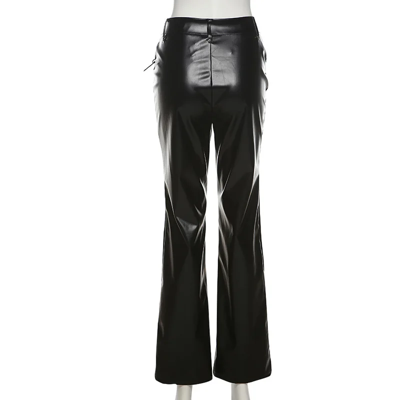 Trend Faux Lether Lace-up Pants Chic Women High Waist Skinny Hollow Out Long Trousers Wild Streetwear Bottoms Harajuku Clothes