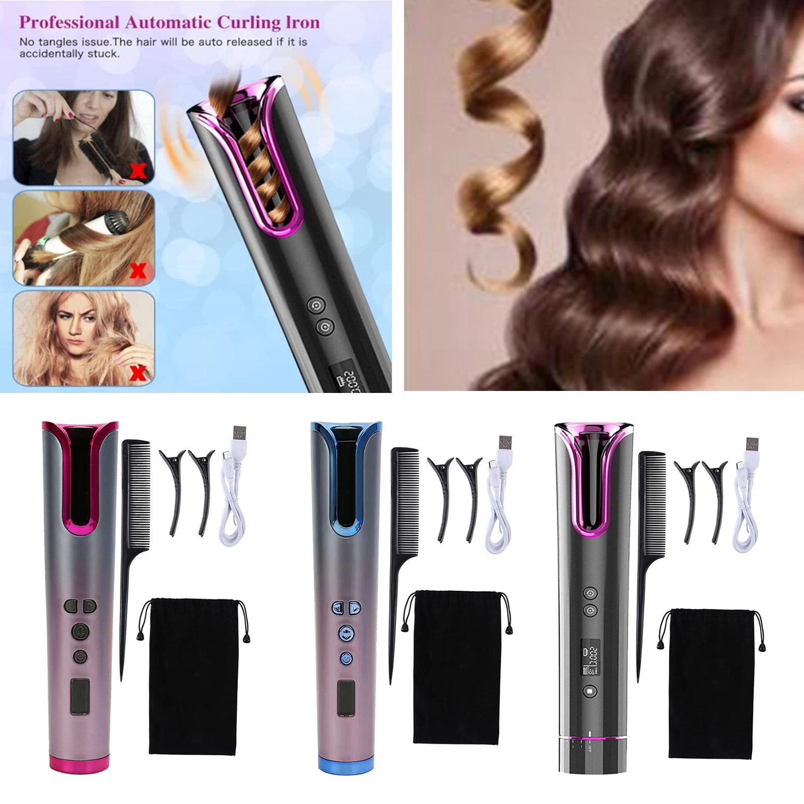 Cordless Automatic Hair Curler USB Rechargeable Curling Wand Auto Shut-Off Fast Heating 6 Temperature Wireless Curling