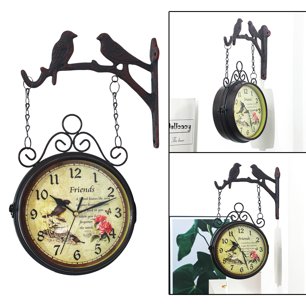 8'' Outdoor Wall Clock ing Retro Double Sided Battery Powered Metal Mount Vintage Garden Coffee Bar Decoration Round Station