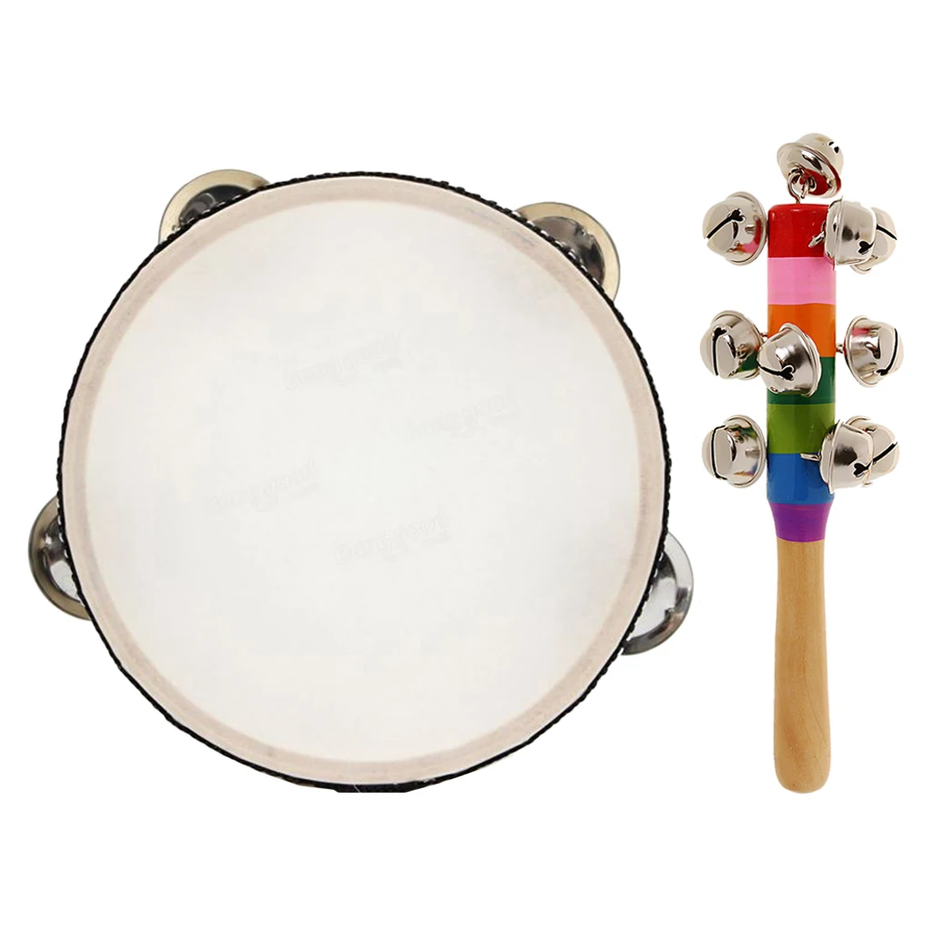 2Pcs/Set Hand Percussion Tambourine Drum w/ Jingle Rattle Music Instruments