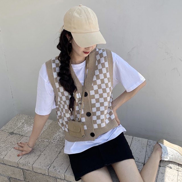 Cute Checkered Sweater Vests Women Sweet V-neck Female Ulzzang