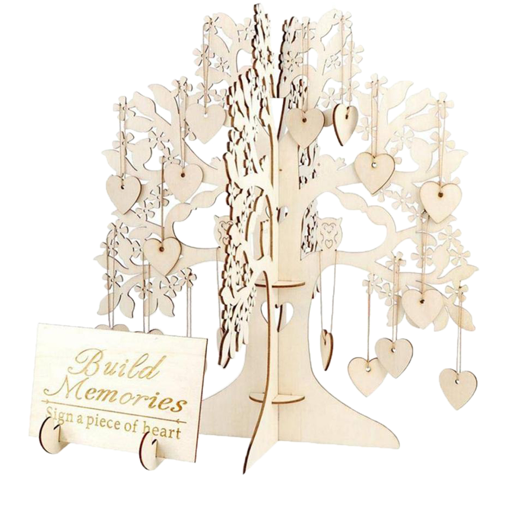 Wooden Wedding Guest Sign Book DIY Wishing Tree Wedding Party Supplies, 1pc Wishing Tree+100x Love Heart Shaped Cards and Ropes