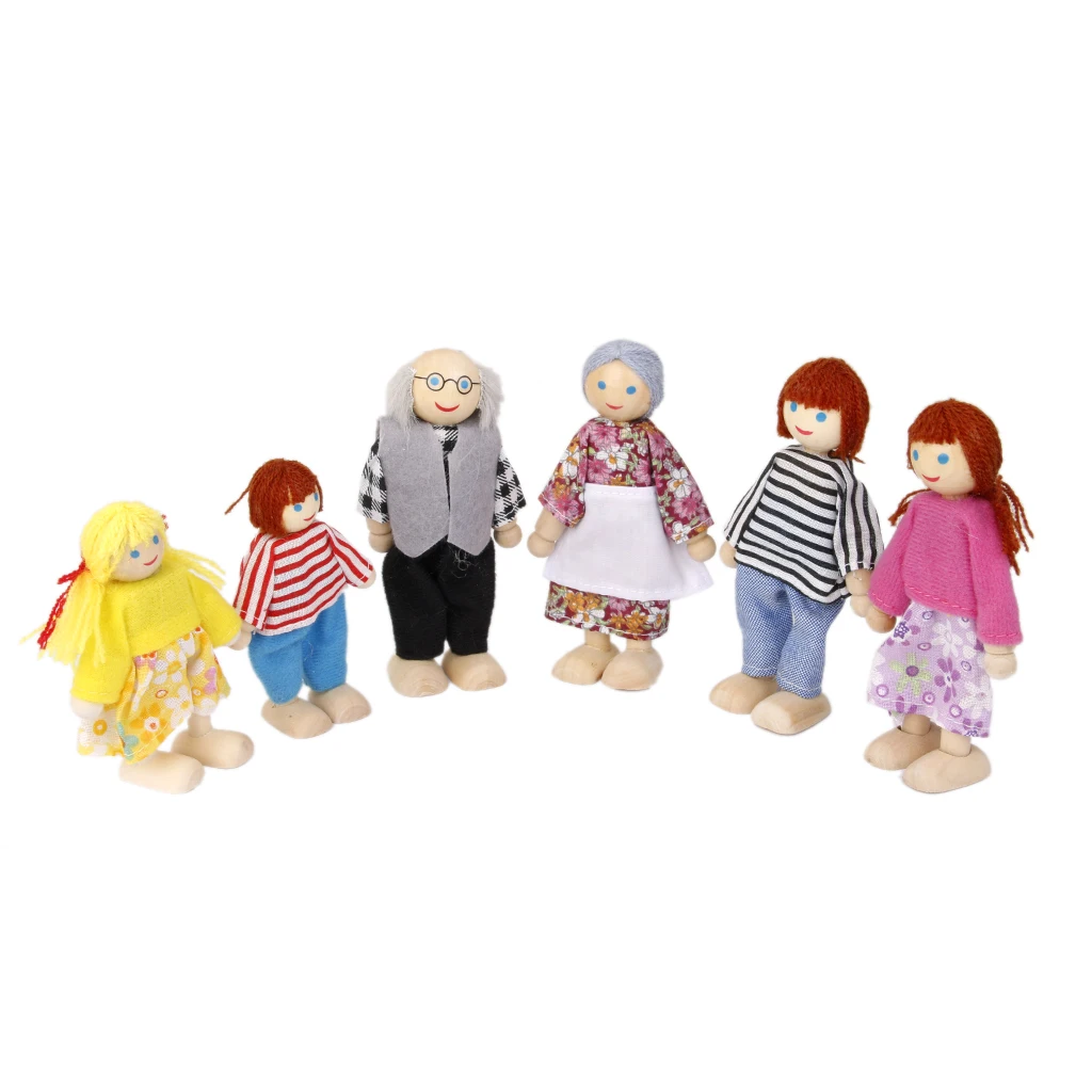 6 Pieces Wooden Painted Dolls Family Members Figurines W/ Dressed Ornaments