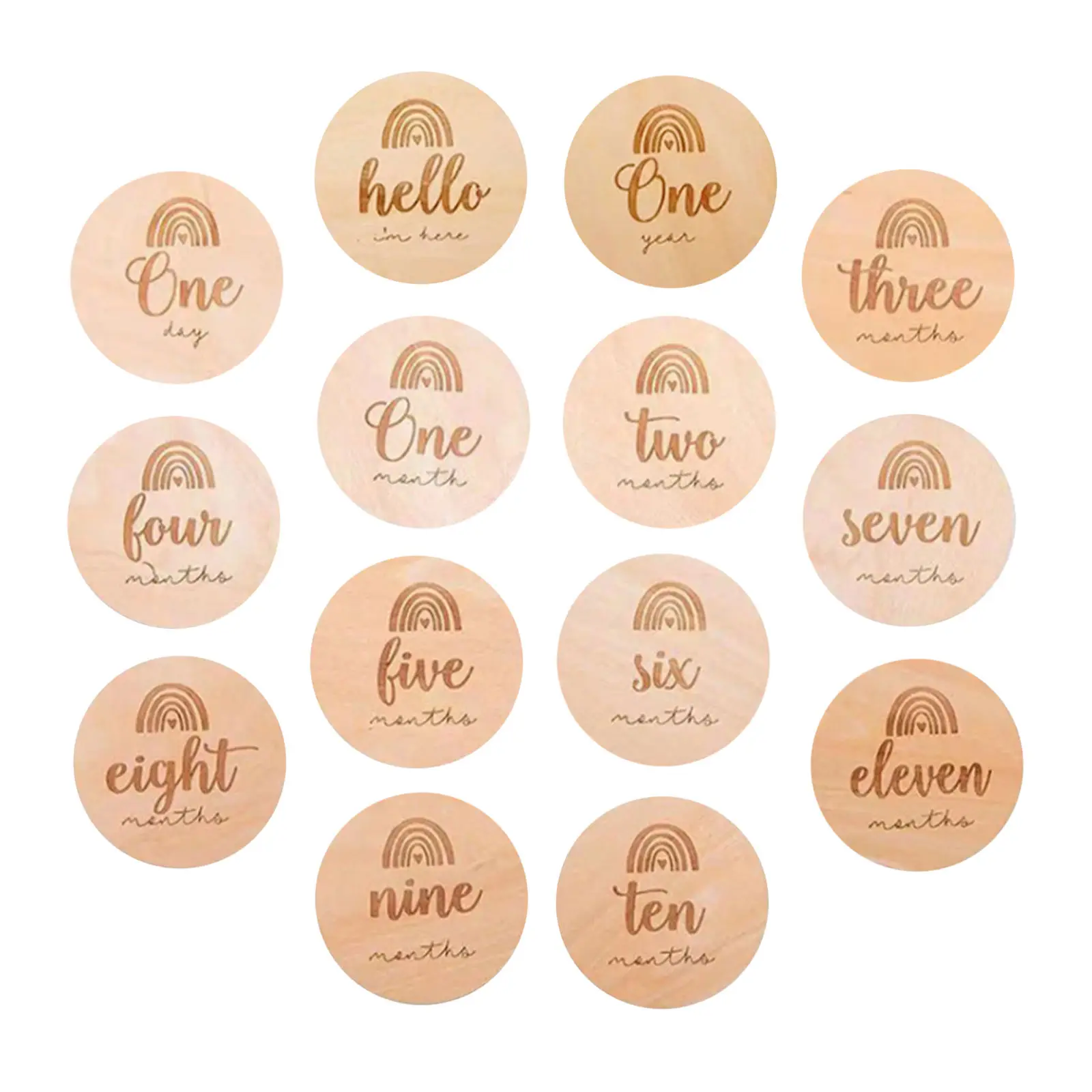 14 Pcs Milestone Cards Carved Letter Wooden Simple Round Double Sided Monthly Milestones for Commemorate Baby Birth Door Hanger