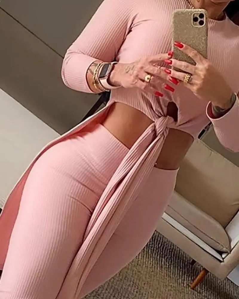 2021 new solid color round neck long-sleeved split-knot top and high-waisted trousers two-piece suit co ord sets women