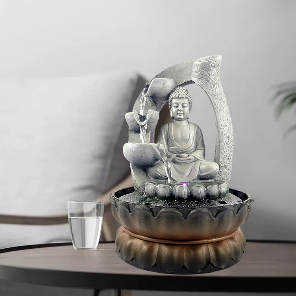 Buddha Tabletop Fountain LED Lights Desktop Zen Water Fengshui Meditation Relaxing Calming Waterfall Patio Home Sculpture Decor