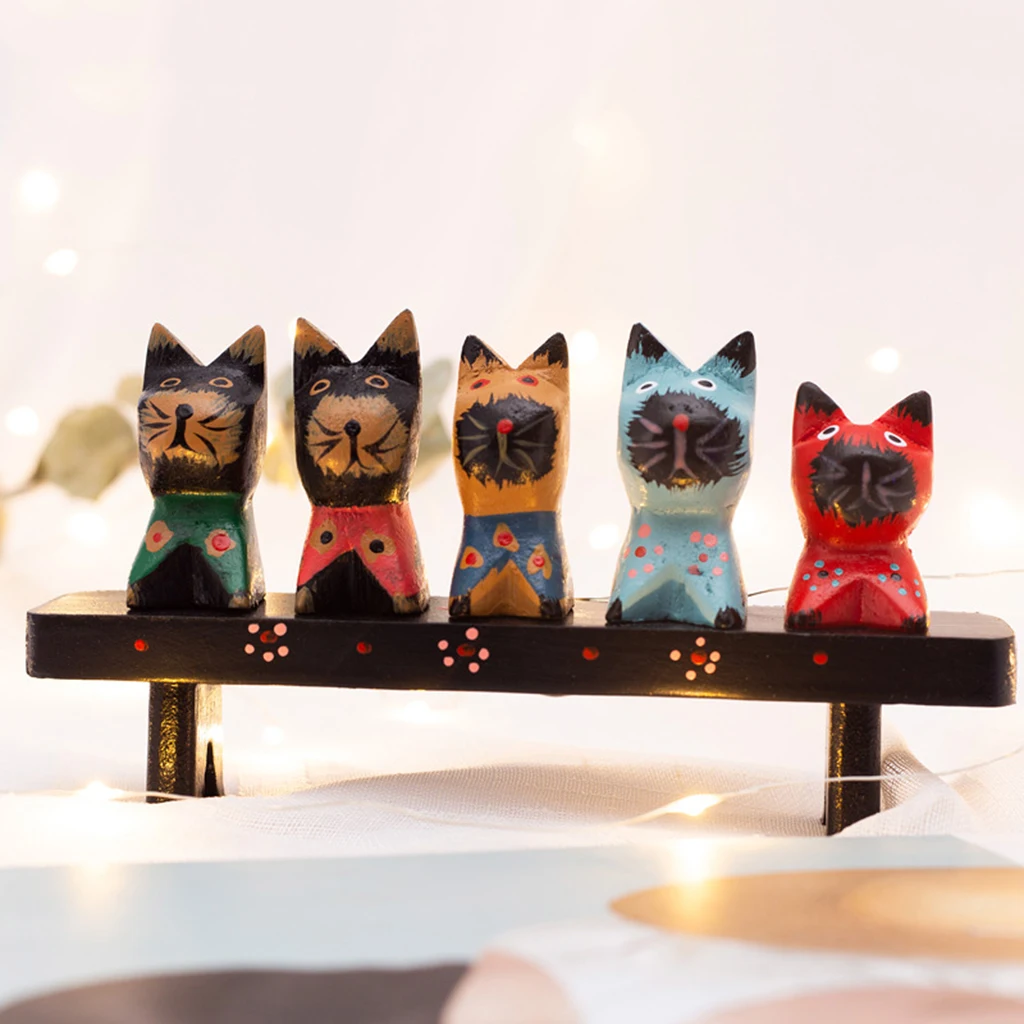 Chic Wood Cat Figurines Sculpture Handmade Mini Kitten Statue Shelf Decor