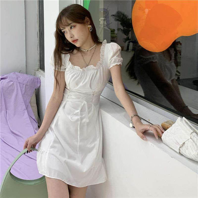 coreano, vestido fino Ulzzang, vestido branco verão