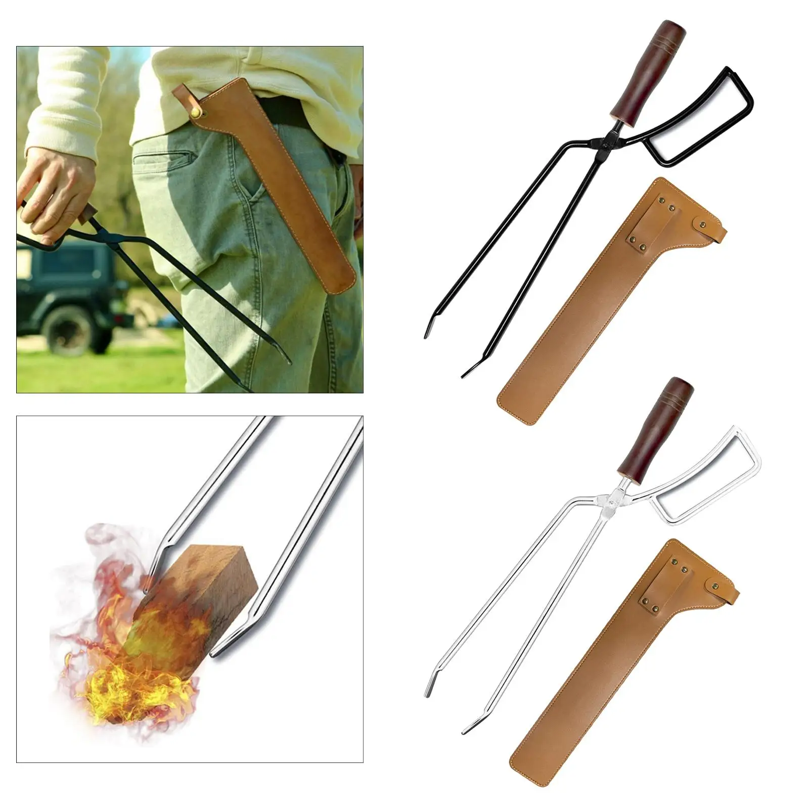 Fireplace Fire Tongs Stainless Steel/Iron Barbecue with Carry Bag Heat Insulation Grabber Portable Fire Tongs for Party Kitchen