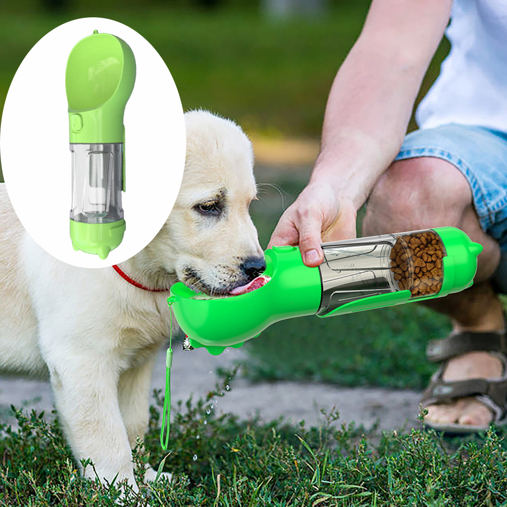 4 in 1 Dog Travel Water Bottle Dispenser Pet Bowl for Walking Outdoor, Multifunctional Water Food Feeder with Garbage Bag