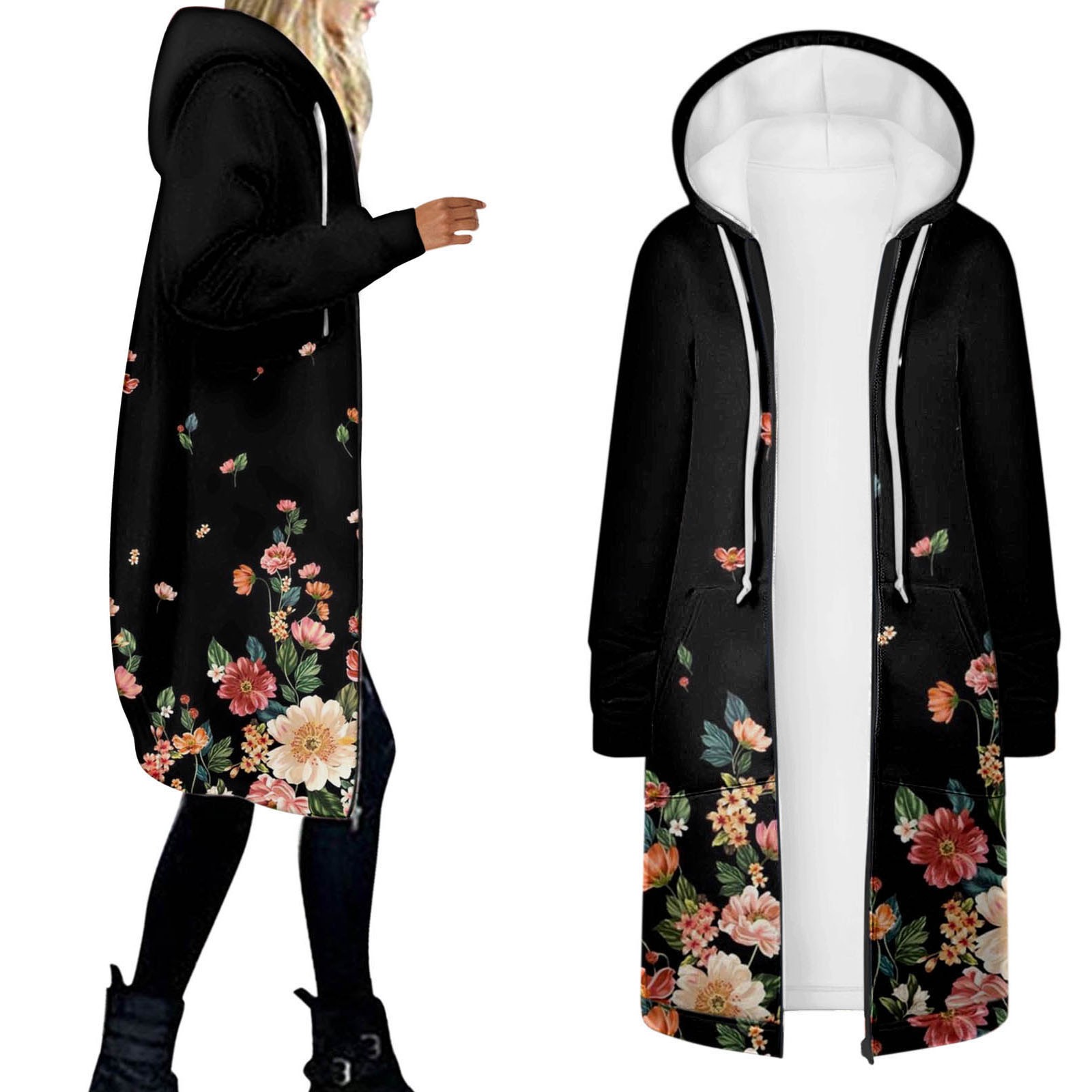 Parka com estampa floral borboleta feminina, jaqueta