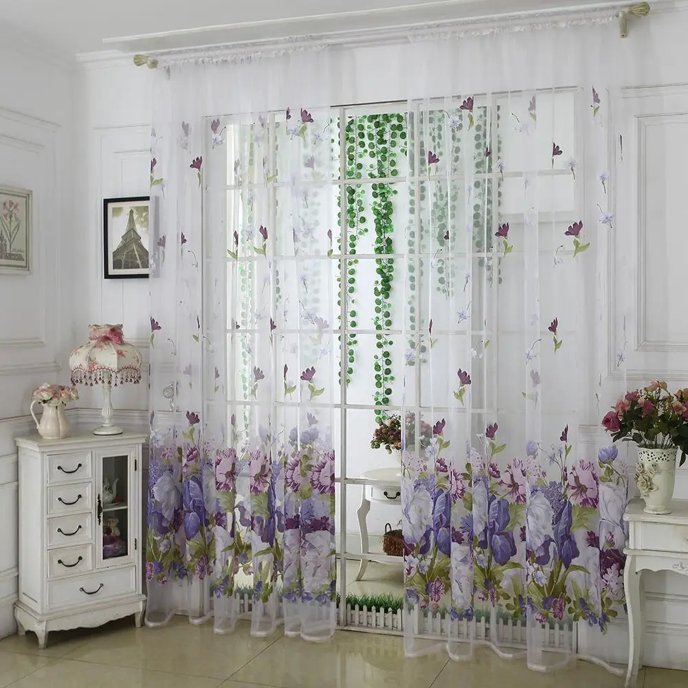 Pink 39 x 78 Inches Ink Flower Semi Sheer Curtains,Yhouse Floral Print Window Rod Pocket Top Voile Curtains Panel Yarn for Living Room 