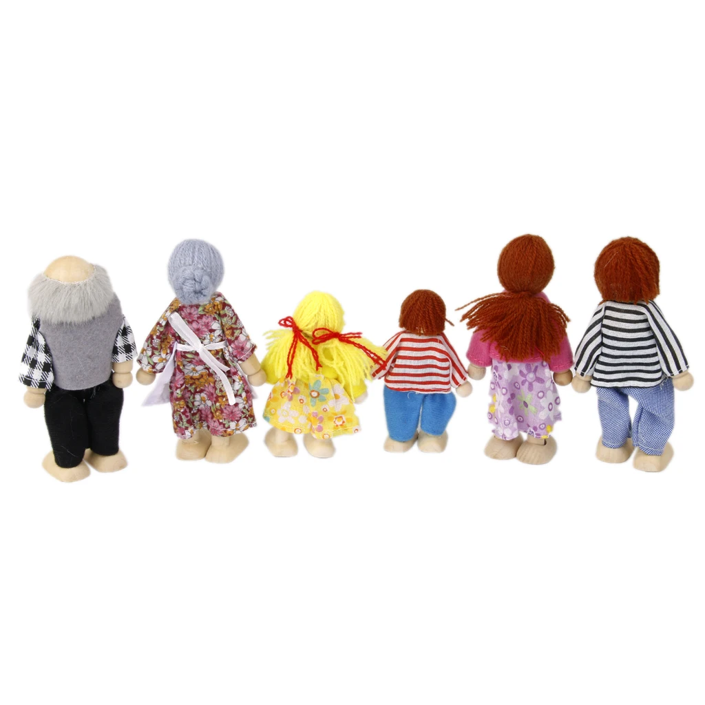 6 Pieces Wooden Painted Dolls Family Members Figurines W/ Dressed Ornaments