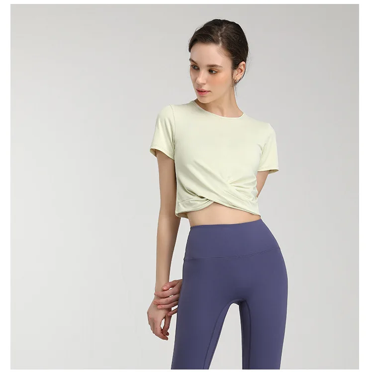 Running T-Shirt Hem Cross Stacking Yoga Shirt for Women Gym Crop Top Sports Tee Short Sleeved High Elastic Yoga Women Activewear
