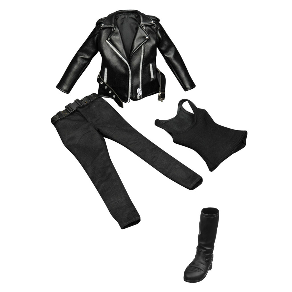 1/6 Scale Female Clothing Black PU Leather Jacket Pants Vest Long Boots for 12