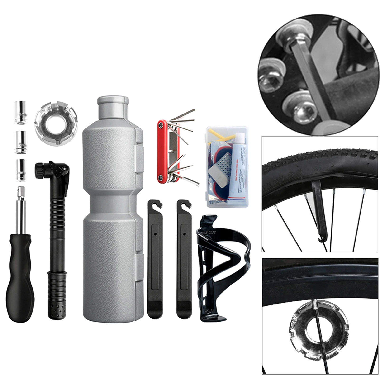 Bike Repair Tools Bicycle Key Wrench Mini Pump Puncture Repairing Bottle Holder Handy Maintenance Set