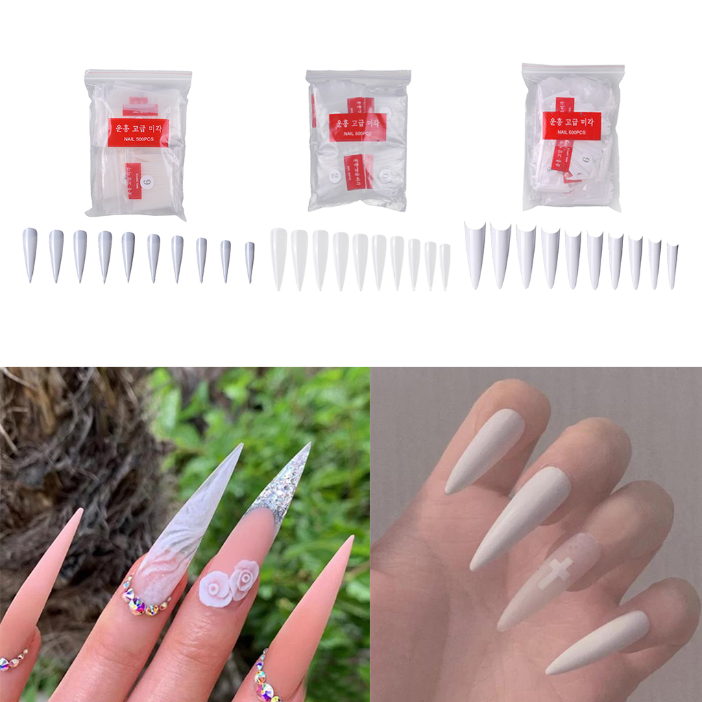 600 Stiletto Tips False Nail Full Cover Long Clear Natural White
