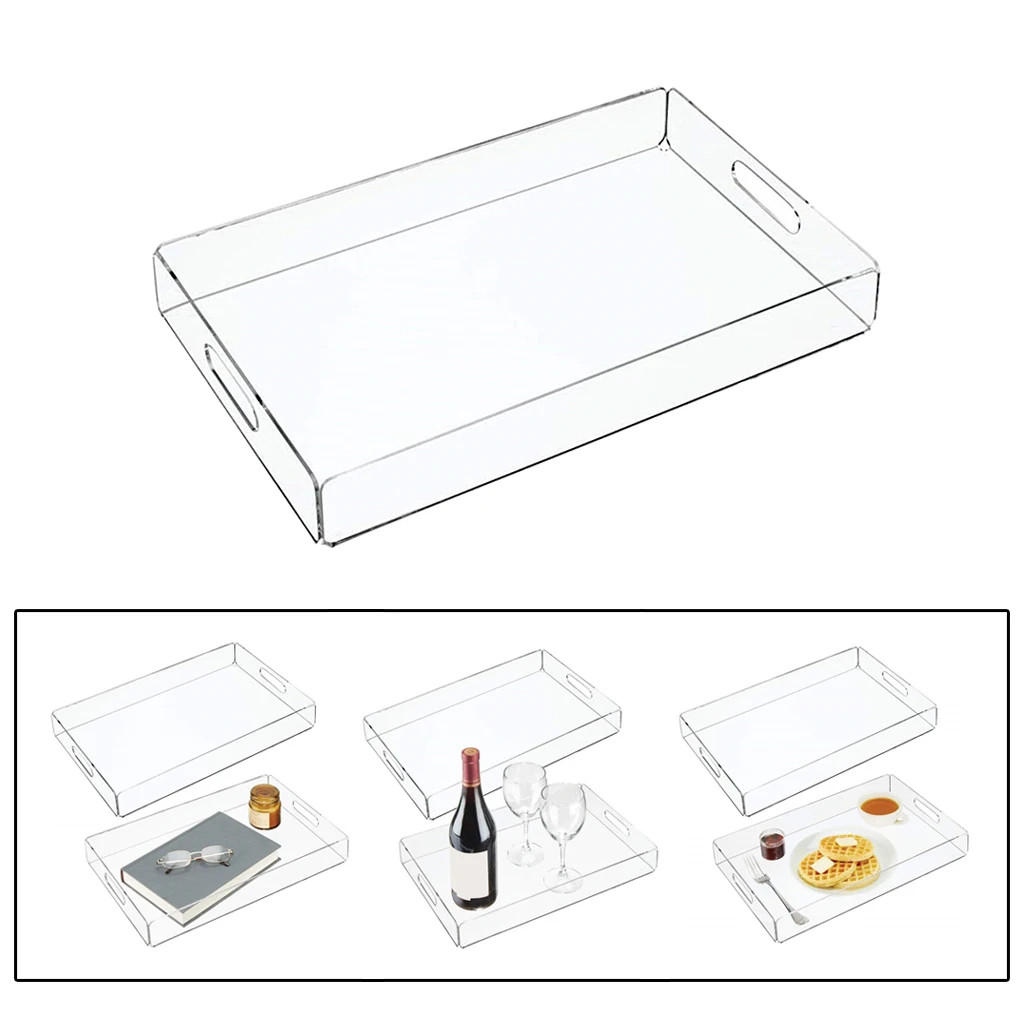 Acrylic Spill Proof Coffee Table Breakfast Tea Serve Food Tray with Handle - Black, White, Clear