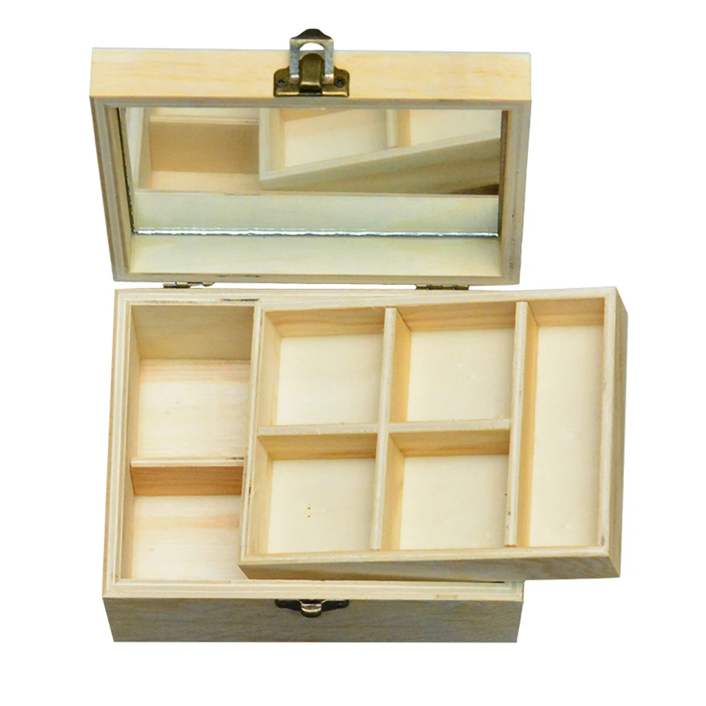 Unpainted Wooden Jewelry Box Organizer Storage Container Case Removable 2 Trays