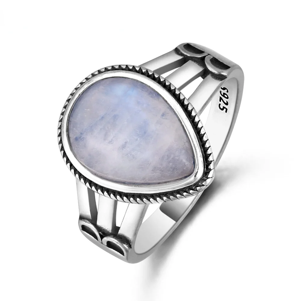 gota de água em forma natural moonstone anel prata esterlina anel para mulheres casamento fino jóias festa de aniversário presente