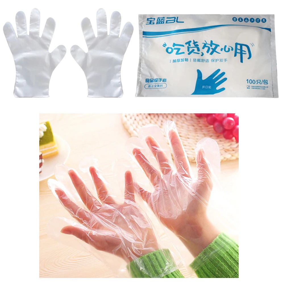 100pcs Clear Plastic PE Food Grade Disposable Gloves for Kitchen Cooking Cleaning Safety Food Handling