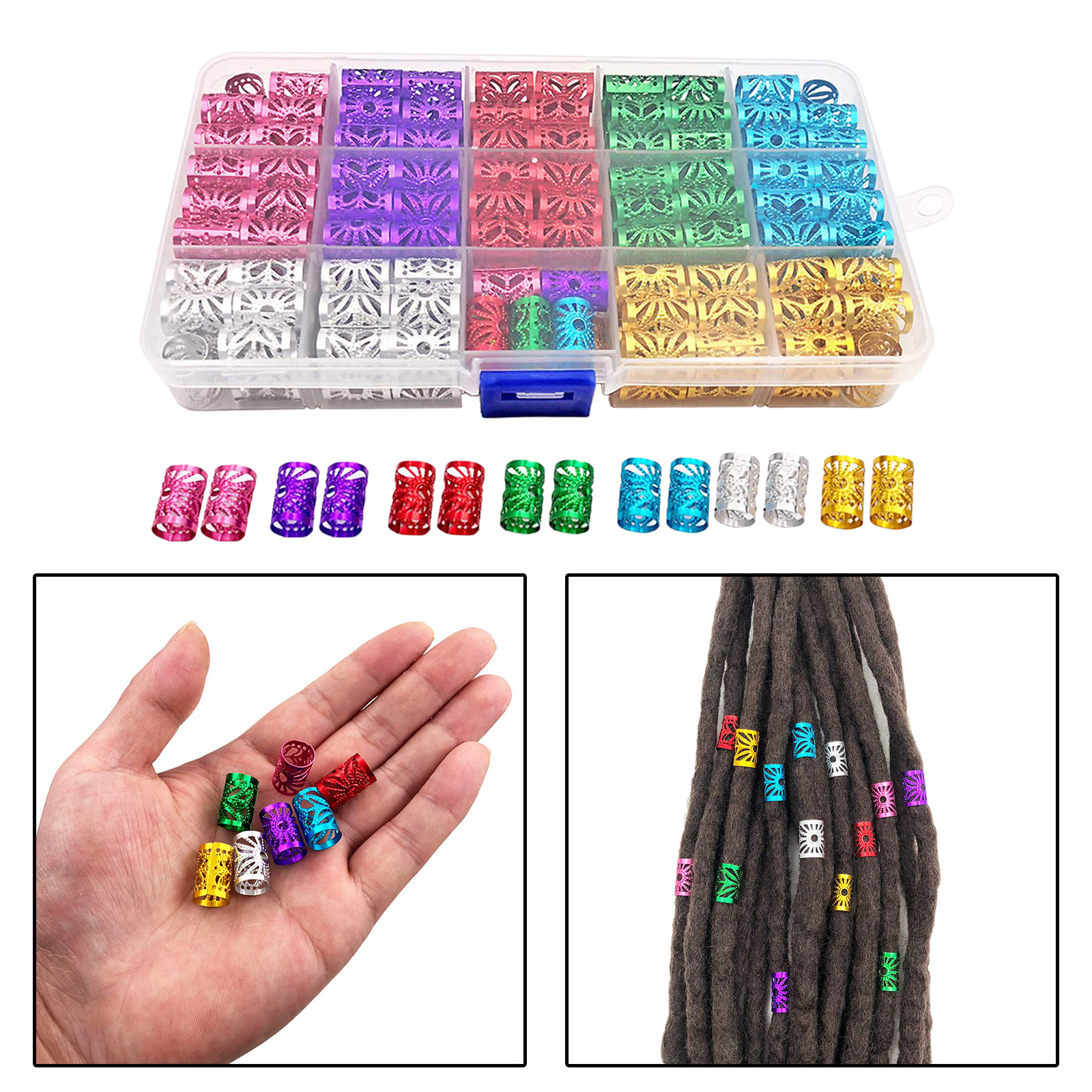 170pcs Mixed Beads Adjustable Hair Braids Dreadlock Beads Adjustable Hair Braid Rings Cuff Clips Tubes