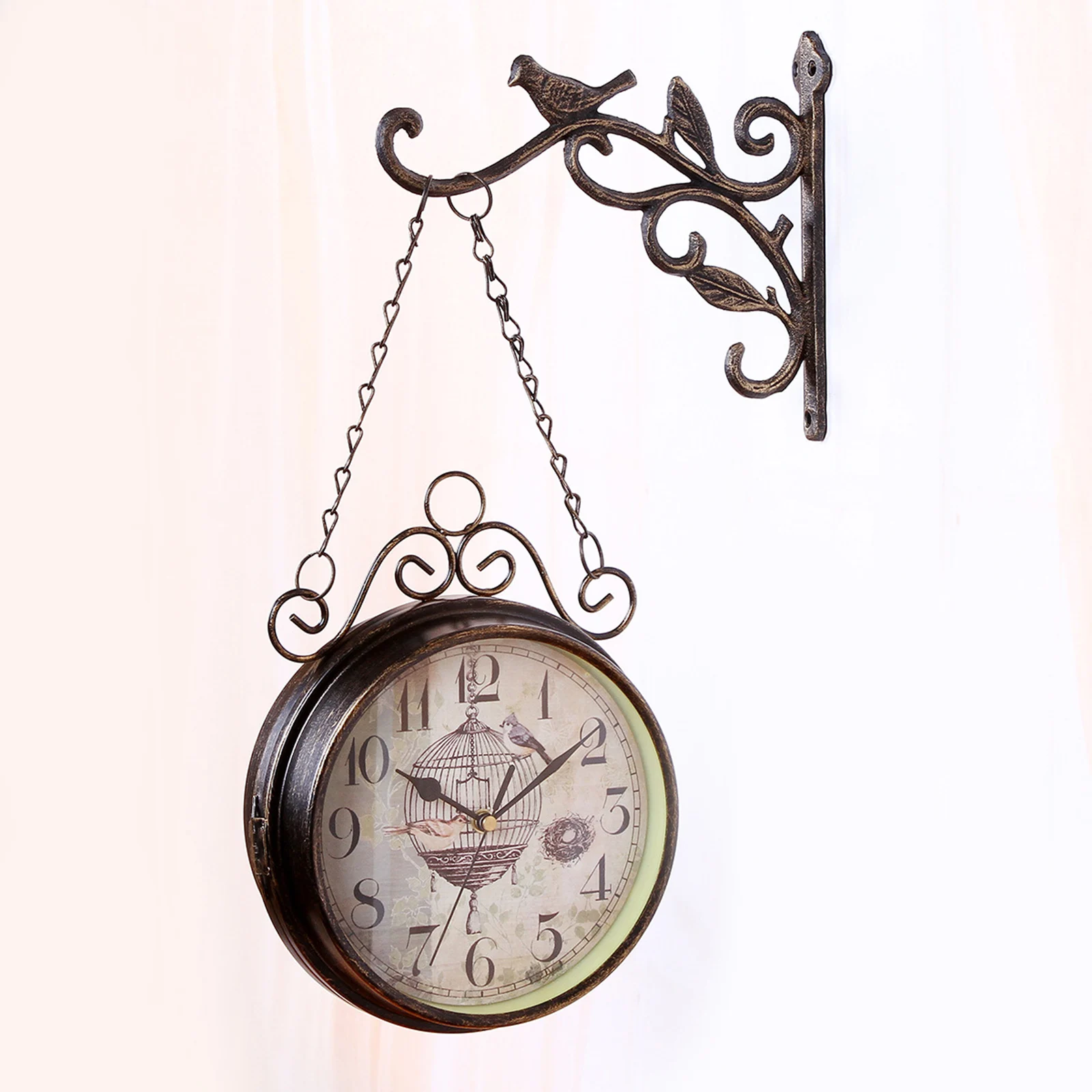 Double Sided Wall Clock Non-Ticking Vintage European Style Brown for Garden Home Living Room Study Gift