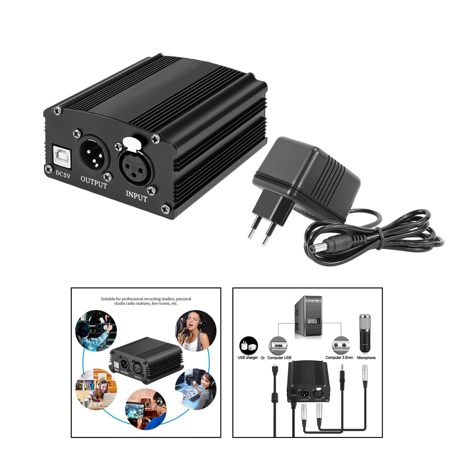 48V Phantom Power Supply with Charging Cable for Microphone Music Recording